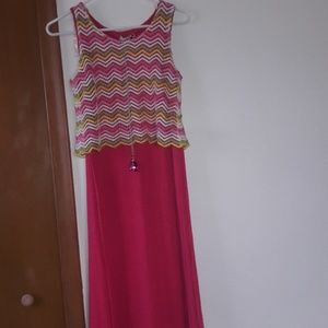 Long pink dress with white yellow green pink top